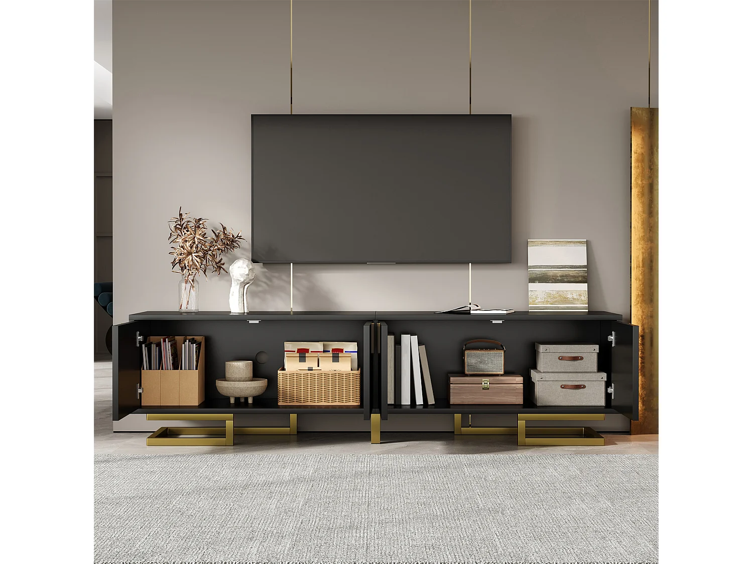 TV Stand 160x38x44.5 cm - 4 Doors - Gold Handles and Legs - Particleboard - Black