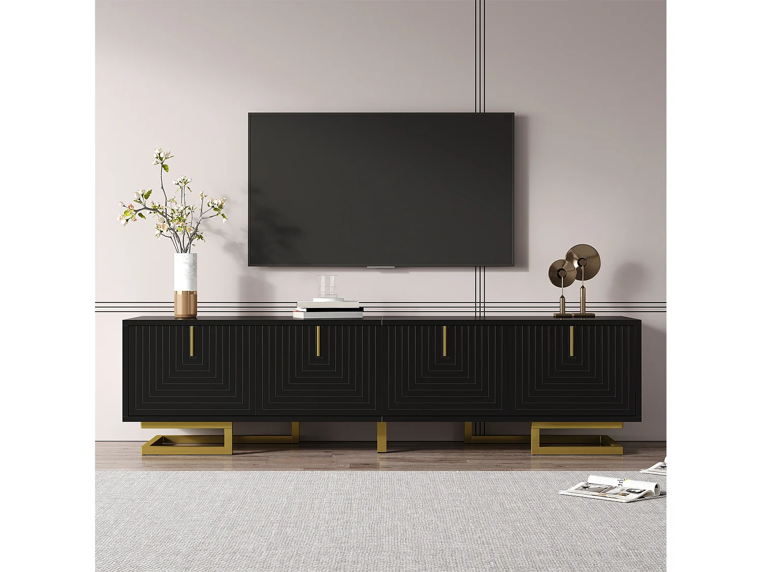 TV Stand 160x38x44.5 cm - 4 Doors - Gold Handles and Legs - Particleboard - Black