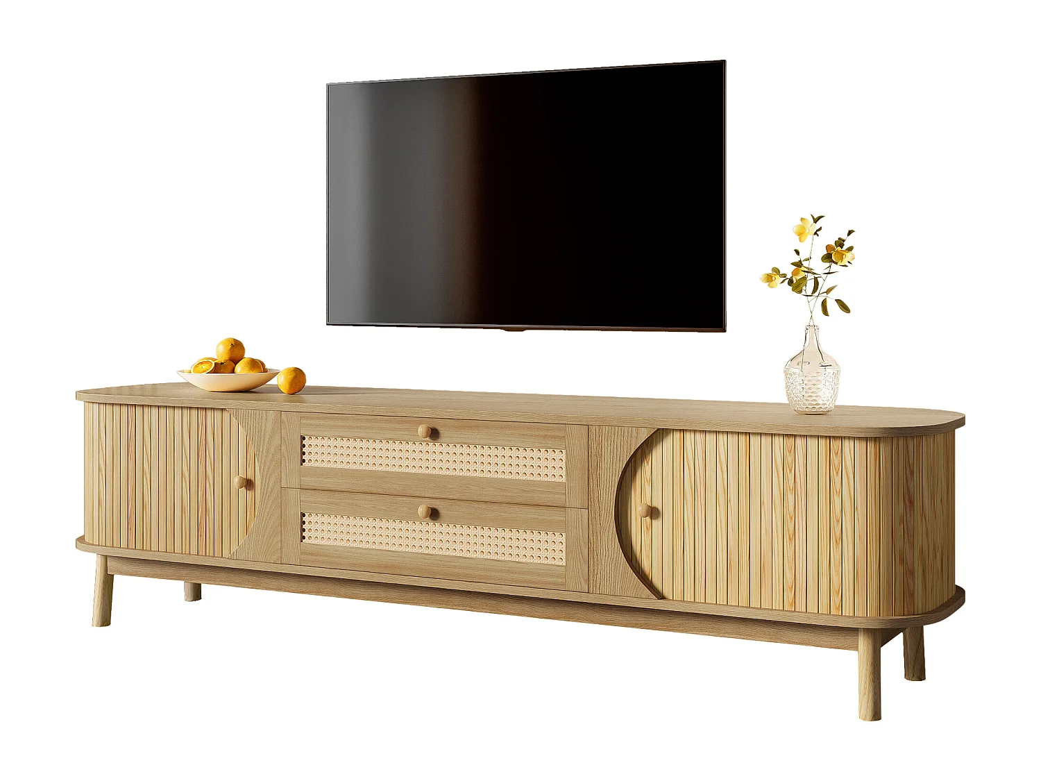 170x40x46 cm TV stand - 2 drawers and 2 doors - natural wood grain + rattan - MDF - natural