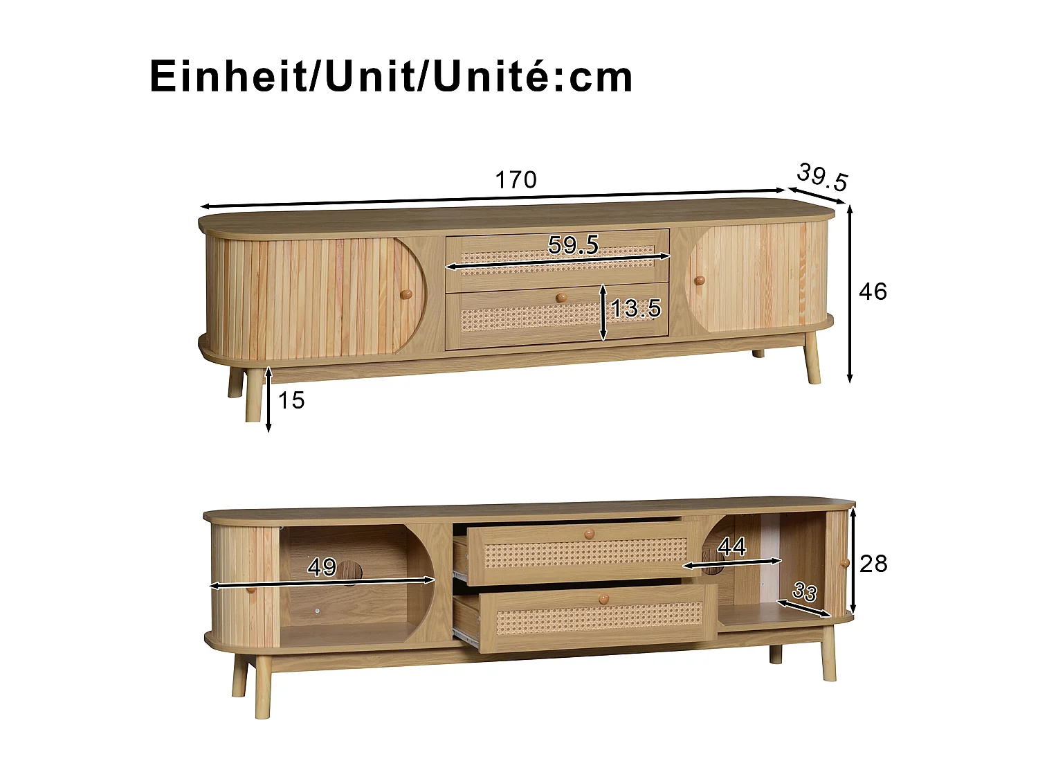 170x40x46 cm TV stand - 2 drawers and 2 doors - natural wood grain + rattan - MDF - natural