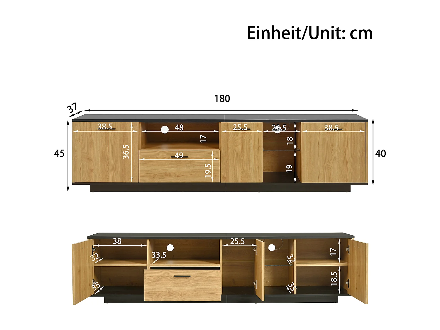 180cm TV Stand with LED Lighting - 1 Drawer + 3 Doors + 2 Compartments - Natural