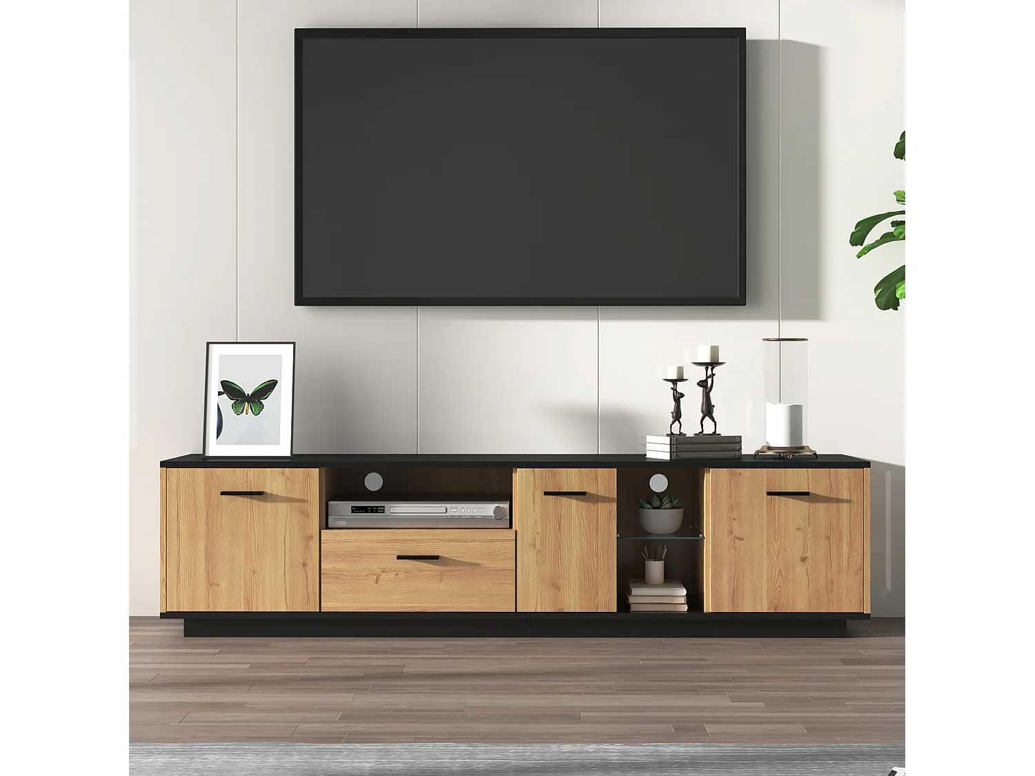 180cm TV Stand with LED Lighting - 1 Drawer + 3 Doors + 2 Compartments - Natural