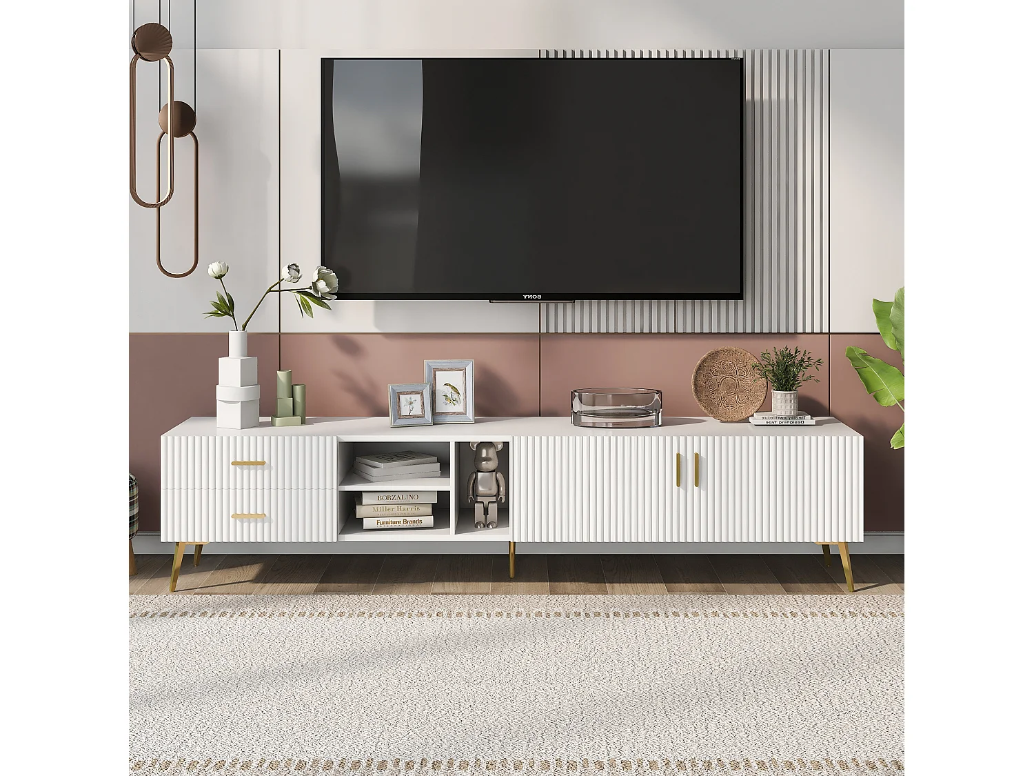 180cm Contemporary Scandinavian TV Unit for 75" TVs - 2 Drawers and 3 Compartments - White