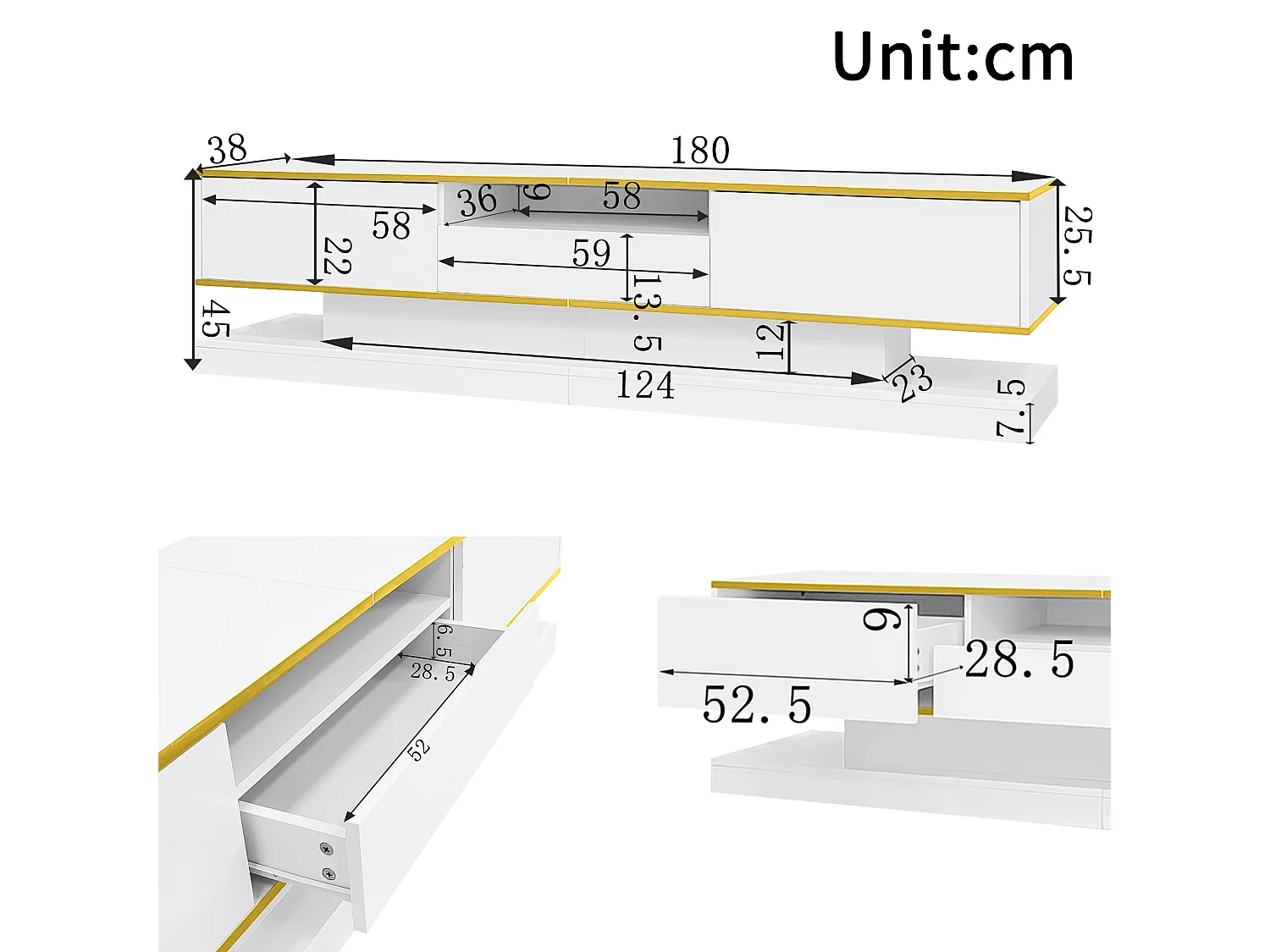 Modern TV stand 180x38x45cm - with three drawers - with one open compartment - with LED lighting - white