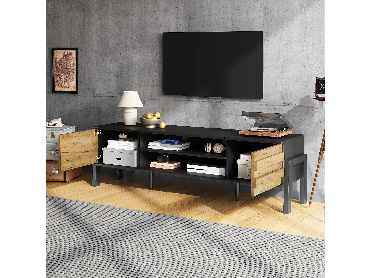 TV Stand 175x39.5x53 cm - 2 Doors and Open Storage - Particleboard - Natural and Black