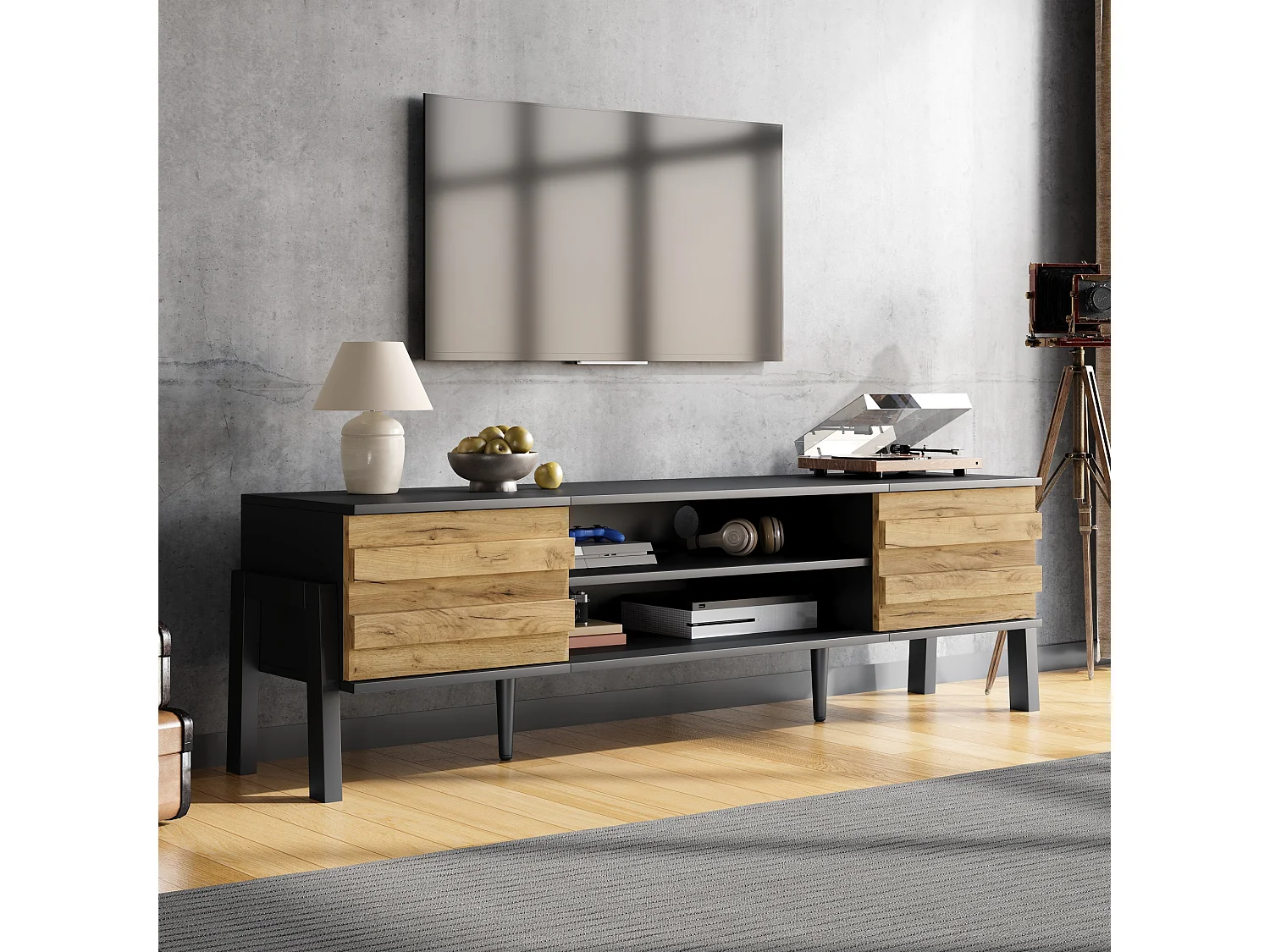 TV Stand 175x39.5x53 cm - 2 Doors and Open Storage - Particleboard - Natural and Black