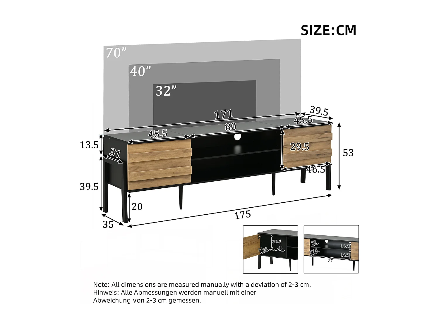 TV Stand 175x39.5x53 cm - 2 Doors and Open Storage - Particleboard - Natural and Black