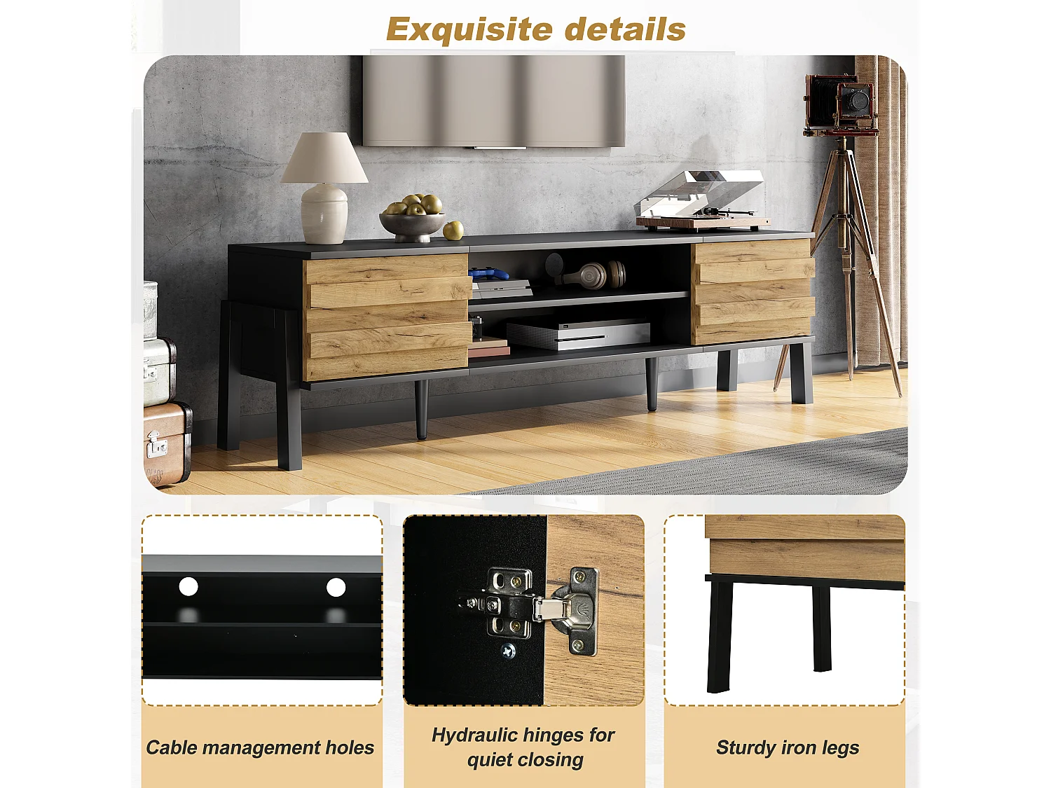 TV Stand 175x39.5x53 cm - 2 Doors and Open Storage - Particleboard - Natural and Black