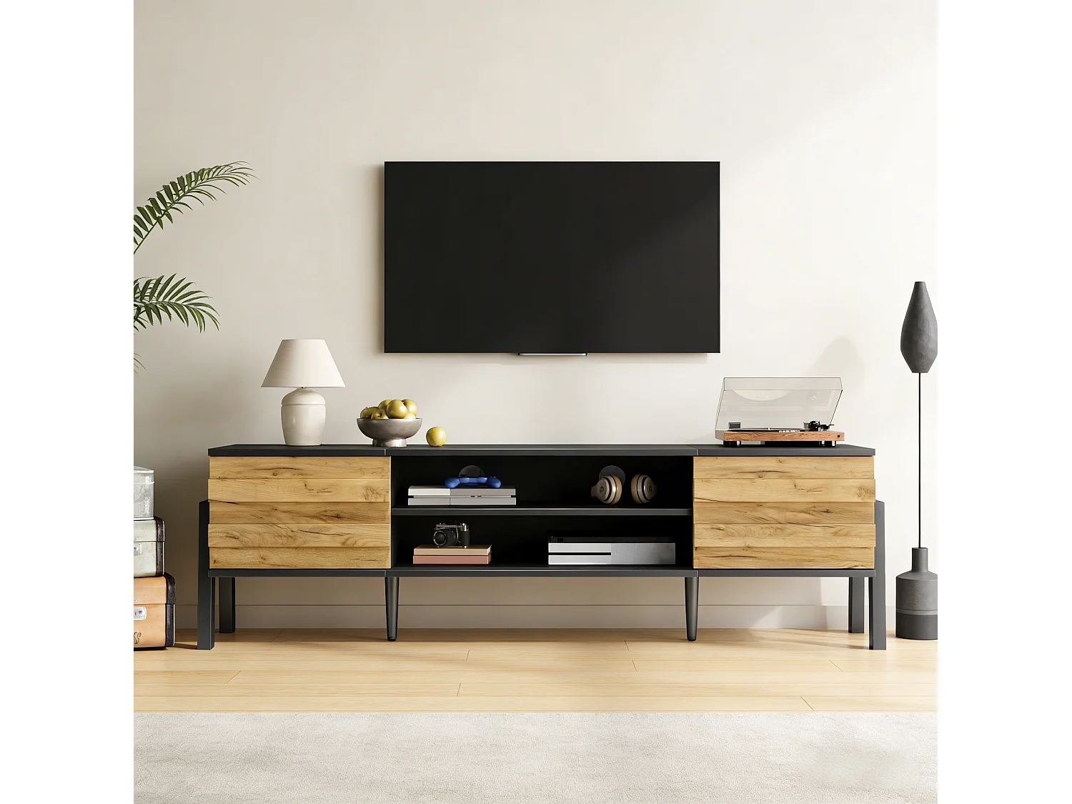 TV Stand 175x39.5x53 cm - 2 Doors and Open Storage - Particleboard - Natural and Black