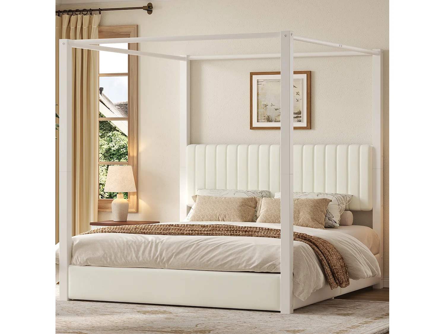 Lit double rembourré 180x200 cm - Lit à baldaquin - Avec baldaquin et tête de lit - Structure en métal - Beige+blanc(sans matelas)