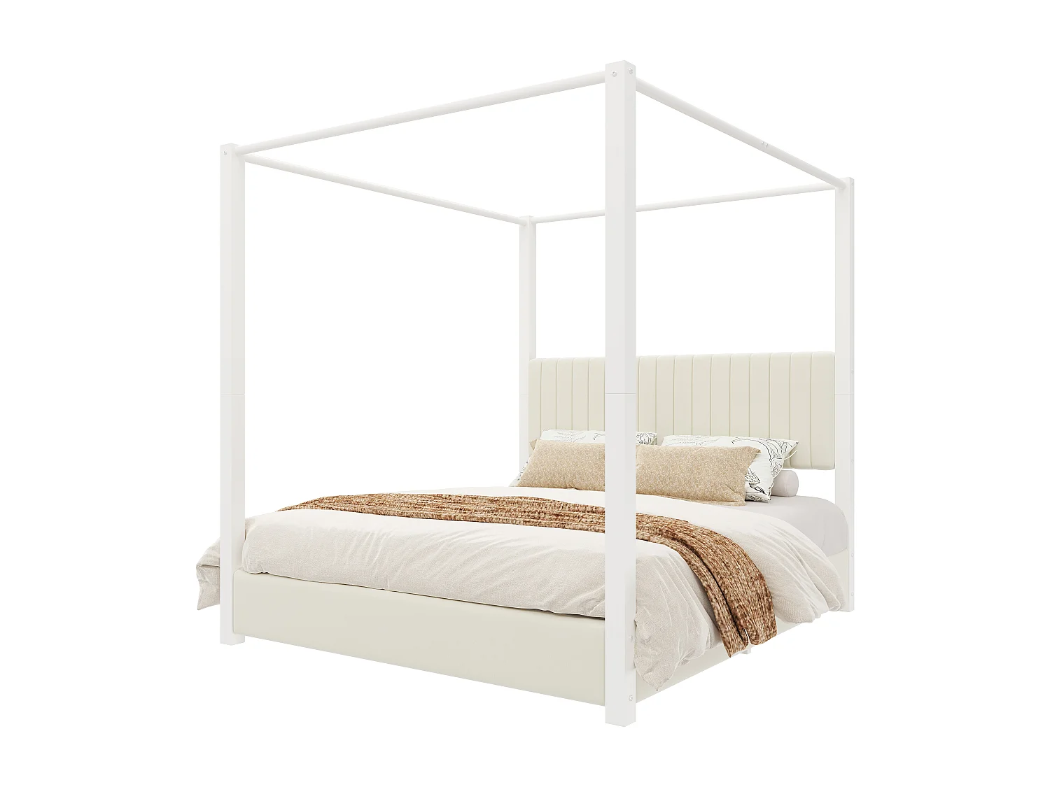 Lit double rembourré 180x200 cm - Lit à baldaquin - Avec baldaquin et tête de lit - Structure en métal - Beige+blanc(sans matelas)