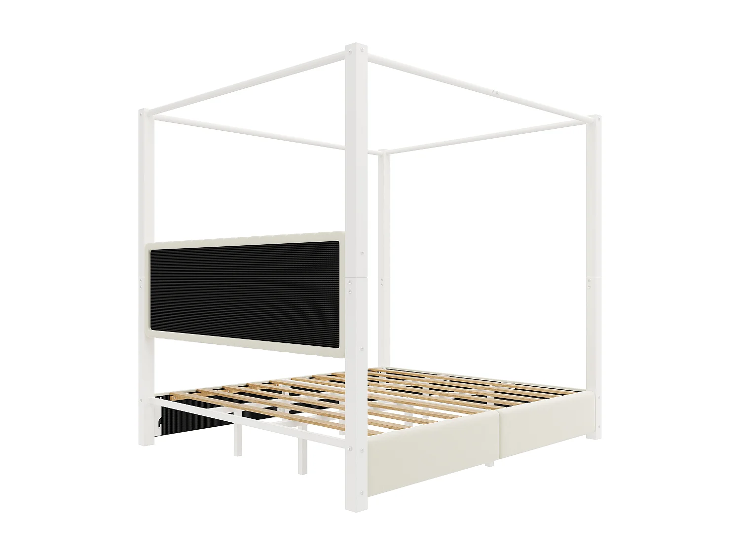 Lit double rembourré 180x200 cm - Lit à baldaquin - Avec baldaquin et tête de lit - Structure en métal - Beige+blanc(sans matelas)