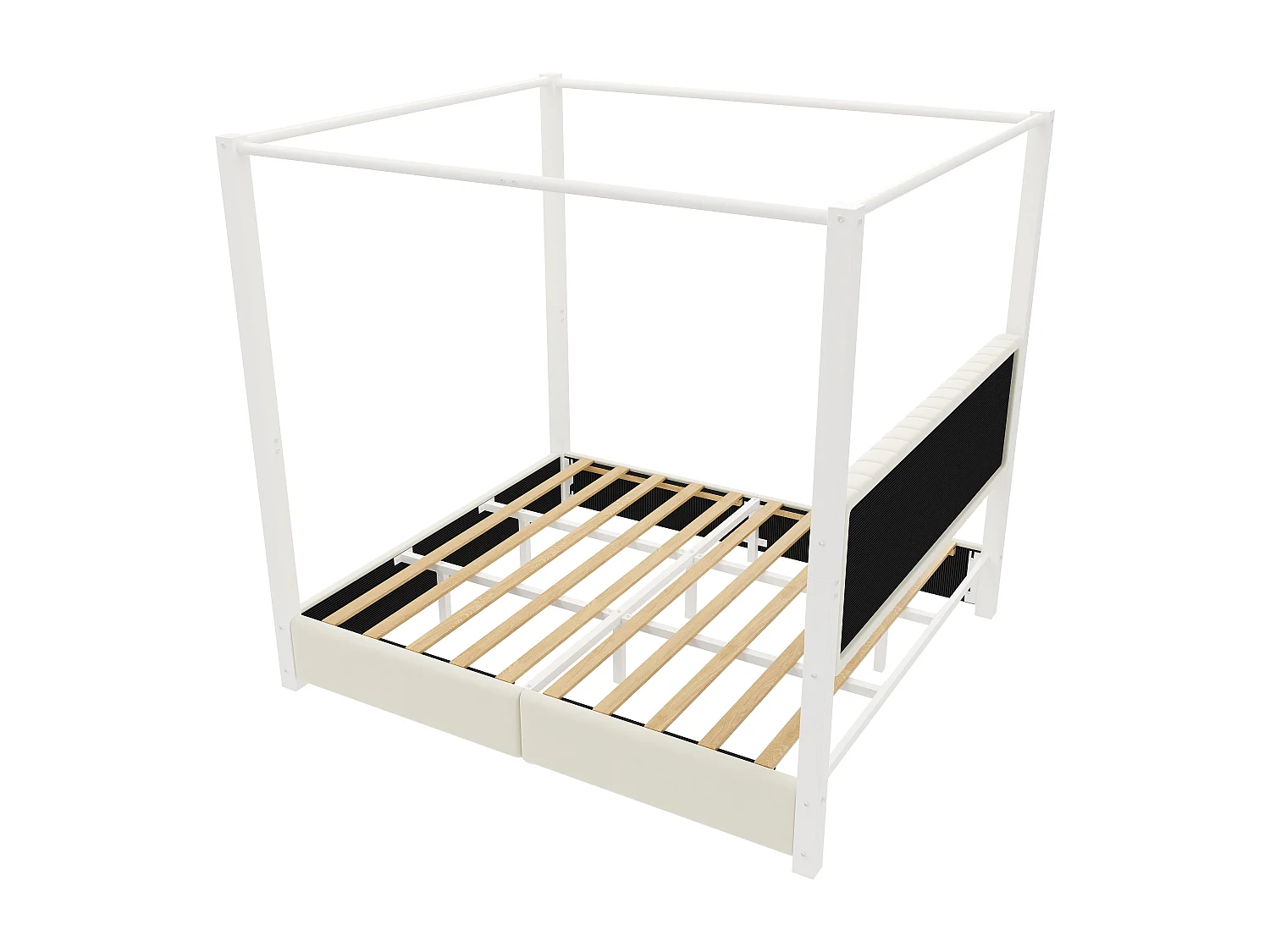 Lit double rembourré 180x200 cm - Lit à baldaquin - Avec baldaquin et tête de lit - Structure en métal - Beige+blanc(sans matelas)