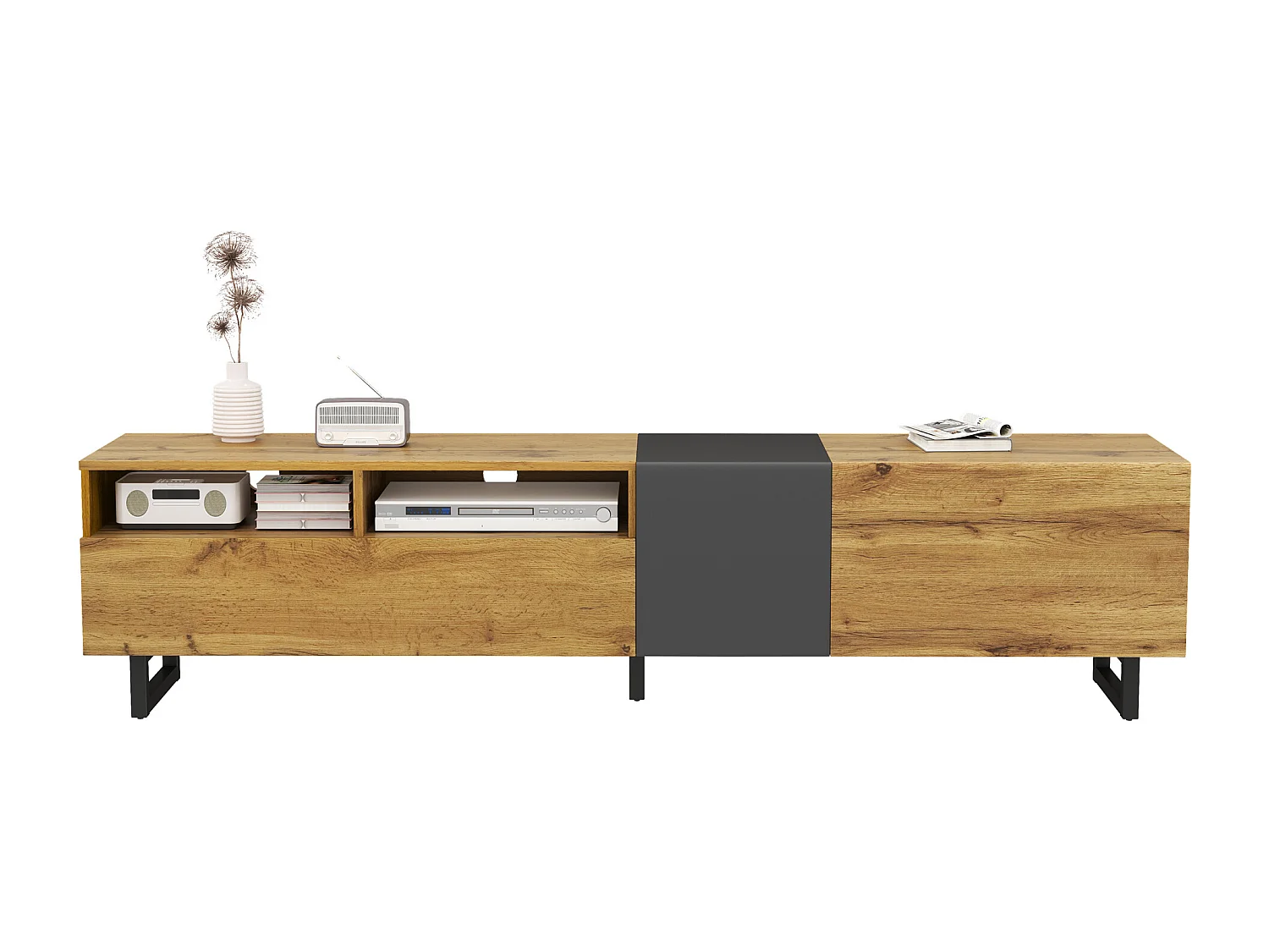 170x36.5x42cm TV Stand - 3 Doors - 2 Storage Compartments - U-Shaped Metal Legs - Wood Effect - Natural