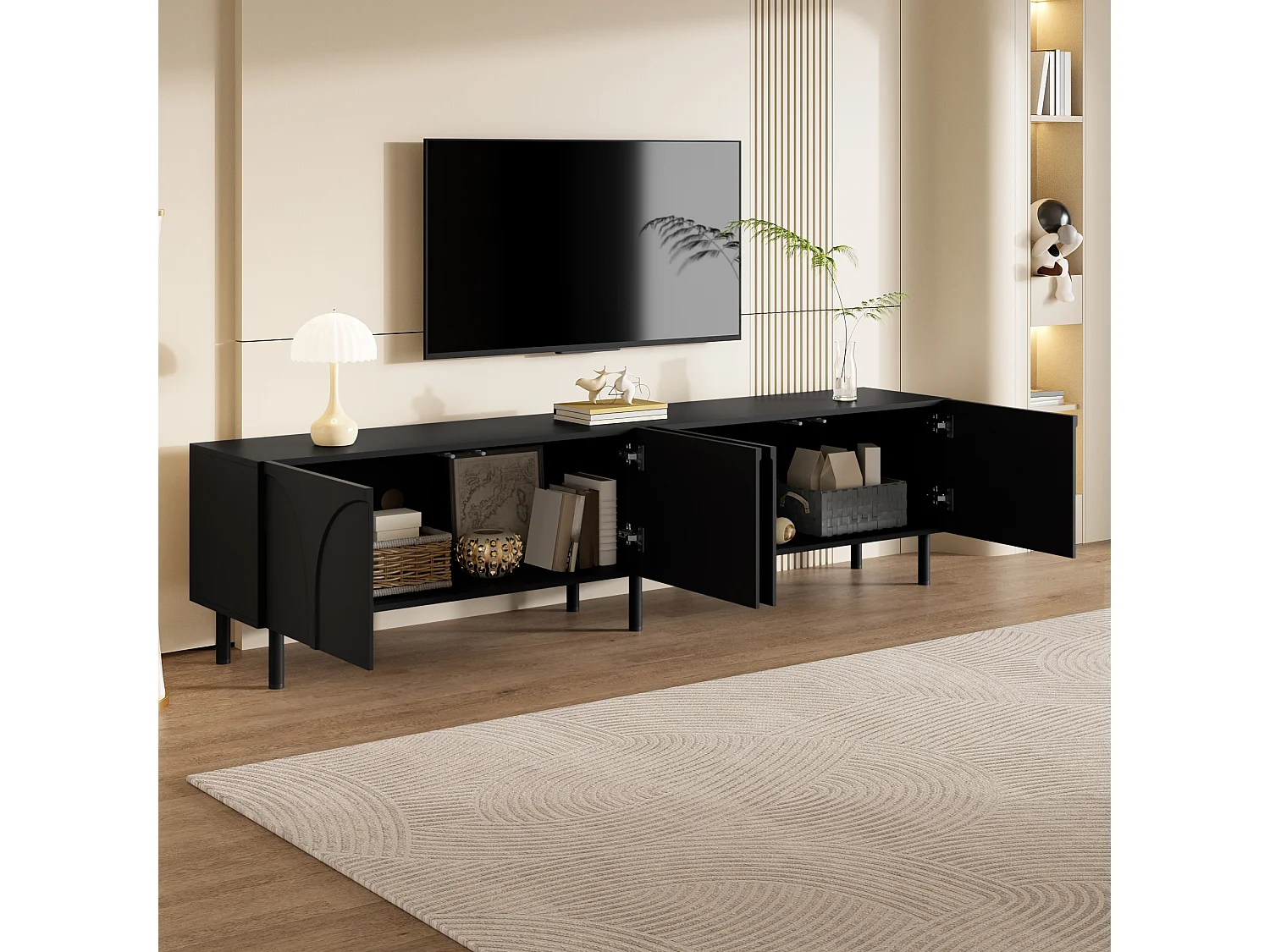 Modernes TV-Lowboard 180x35x49 cm - 3D-Kurvendesign - Lowboard mit 4 Türen - Metallbeine - MDF + Spanplatten - Schwarz