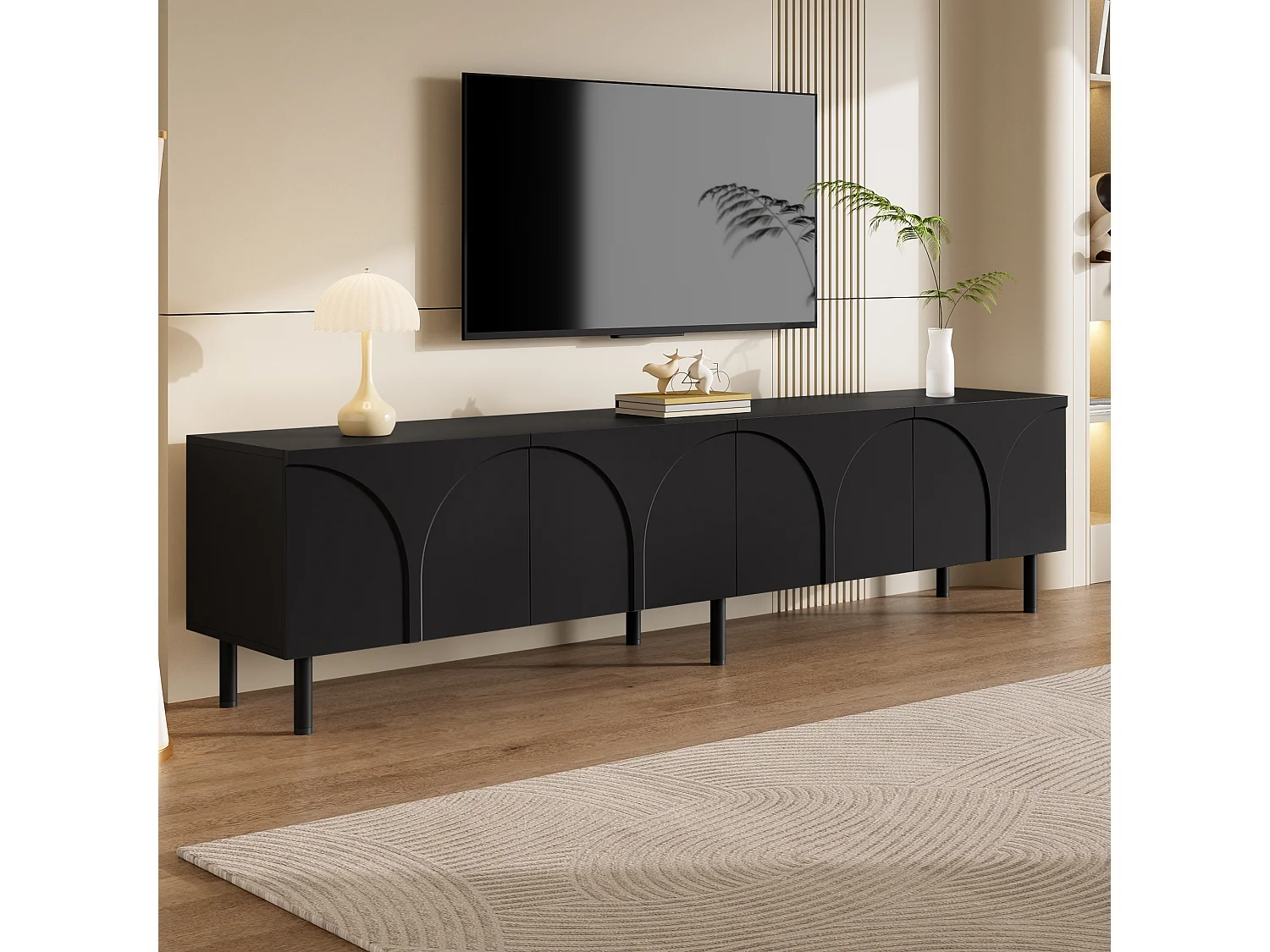 Modernes TV-Lowboard 180x35x49 cm - 3D-Kurvendesign - Lowboard mit 4 Türen - Metallbeine - MDF + Spanplatten - Schwarz