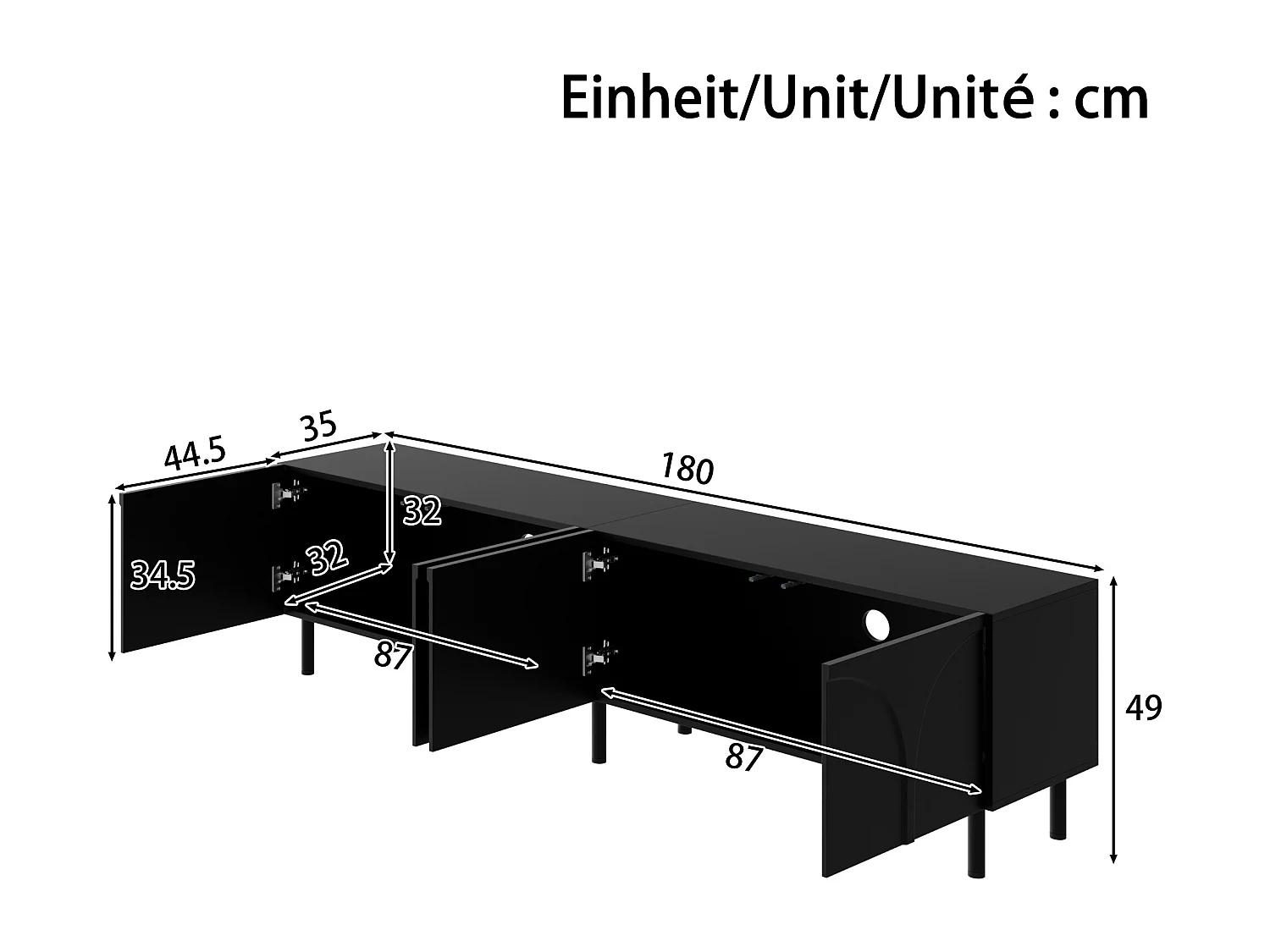 Modernes TV-Lowboard 180x35x49 cm - 3D-Kurvendesign - Lowboard mit 4 Türen - Metallbeine - MDF + Spanplatten - Schwarz