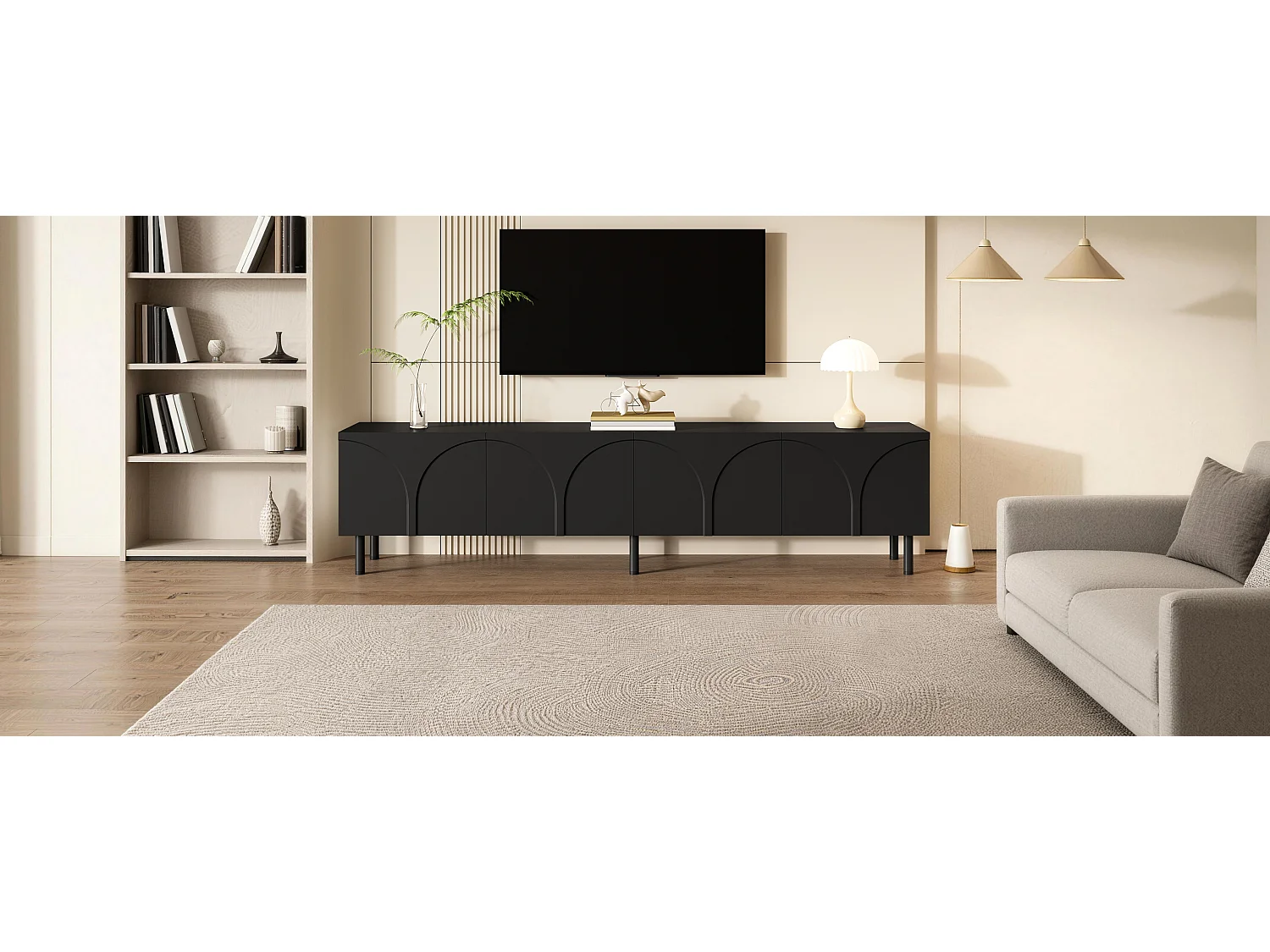 Modernes TV-Lowboard 180x35x49 cm - 3D-Kurvendesign - Lowboard mit 4 Türen - Metallbeine - MDF + Spanplatten - Schwarz