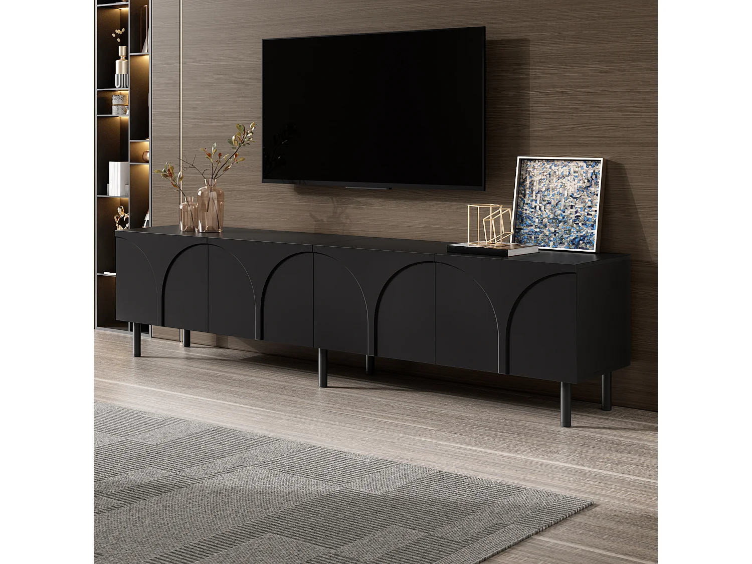 Modernes TV-Lowboard 180x35x49 cm - 3D-Kurvendesign - Lowboard mit 4 Türen - Metallbeine - MDF + Spanplatten - Schwarz