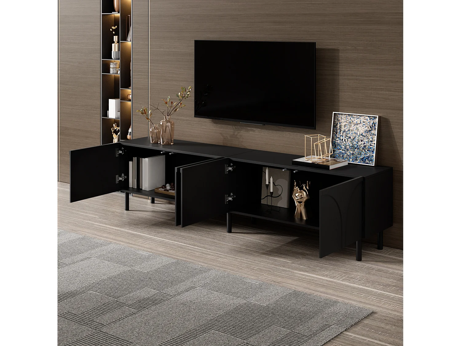 Modernes TV-Lowboard 180x35x49 cm - 3D-Kurvendesign - Lowboard mit 4 Türen - Metallbeine - MDF + Spanplatten - Schwarz