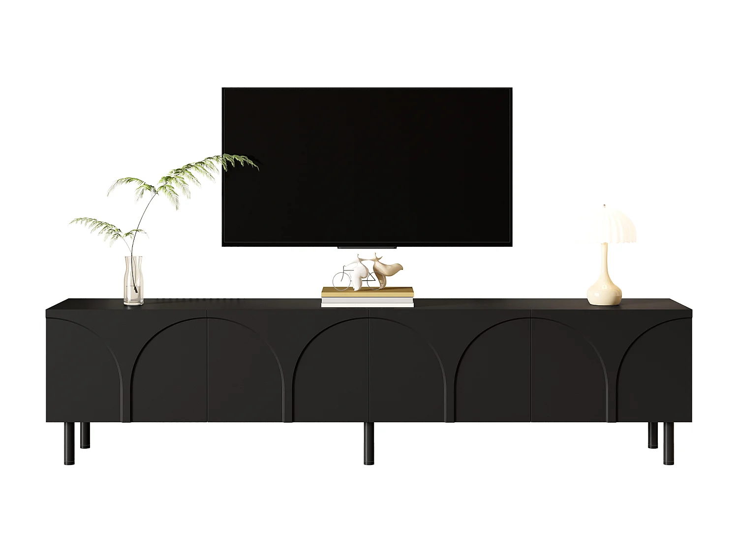 Modernes TV-Lowboard 180x35x49 cm - 3D-Kurvendesign - Lowboard mit 4 Türen - Metallbeine - MDF + Spanplatten - Schwarz
