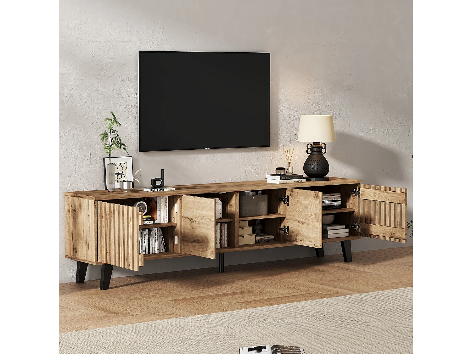 TV Stand 180x40x55cm - with 4 Doors - Scandinavian Style - Natural