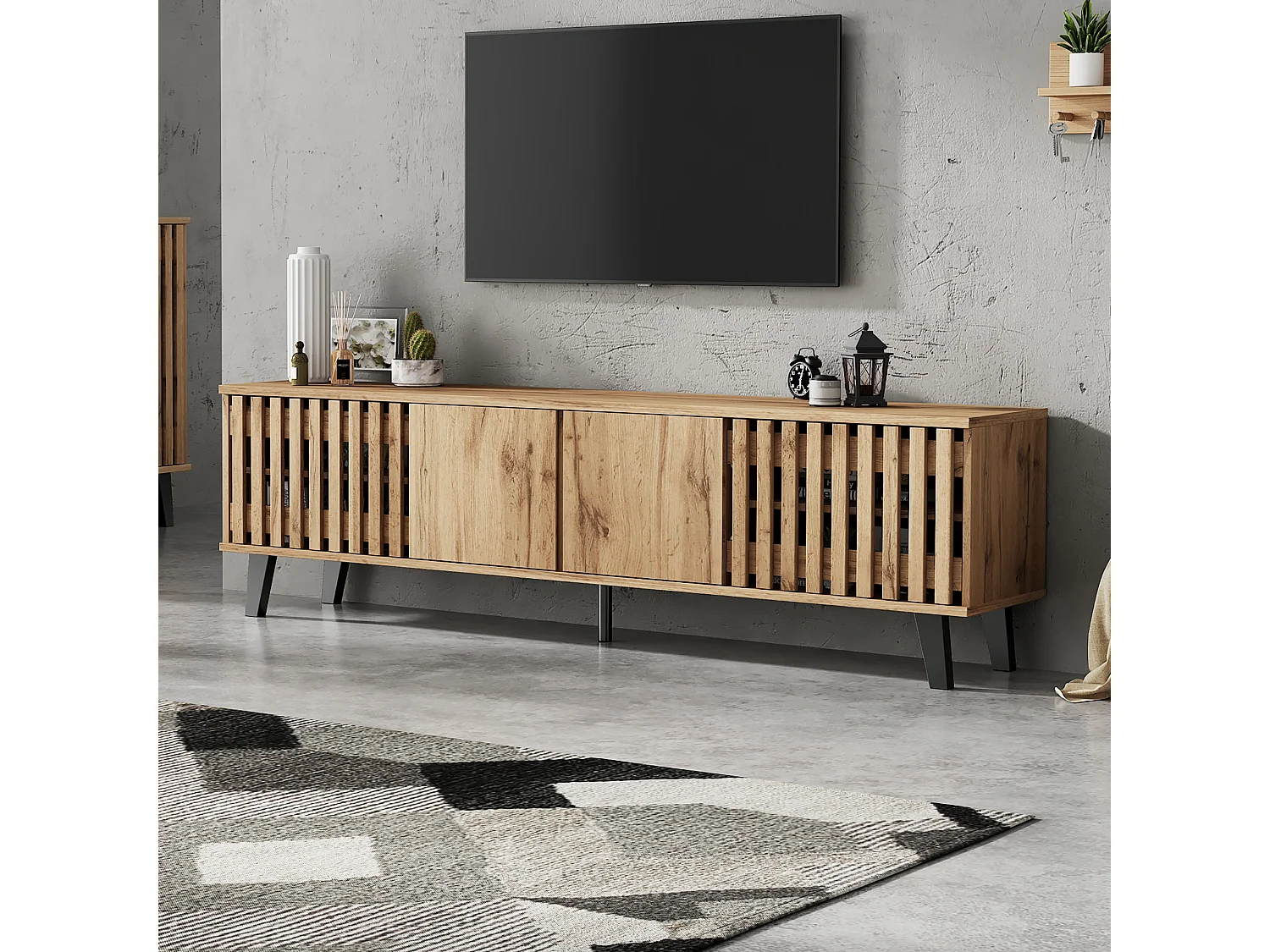 TV Stand 180x40x55cm - with 4 Doors - Scandinavian Style - Natural