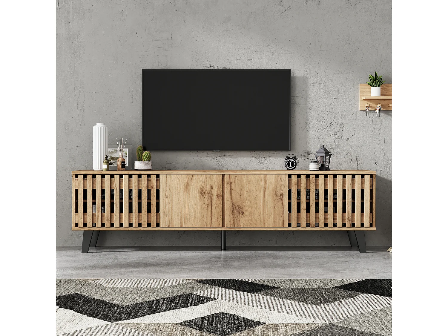 TV Stand 180x40x55cm - with 4 Doors - Scandinavian Style - Natural