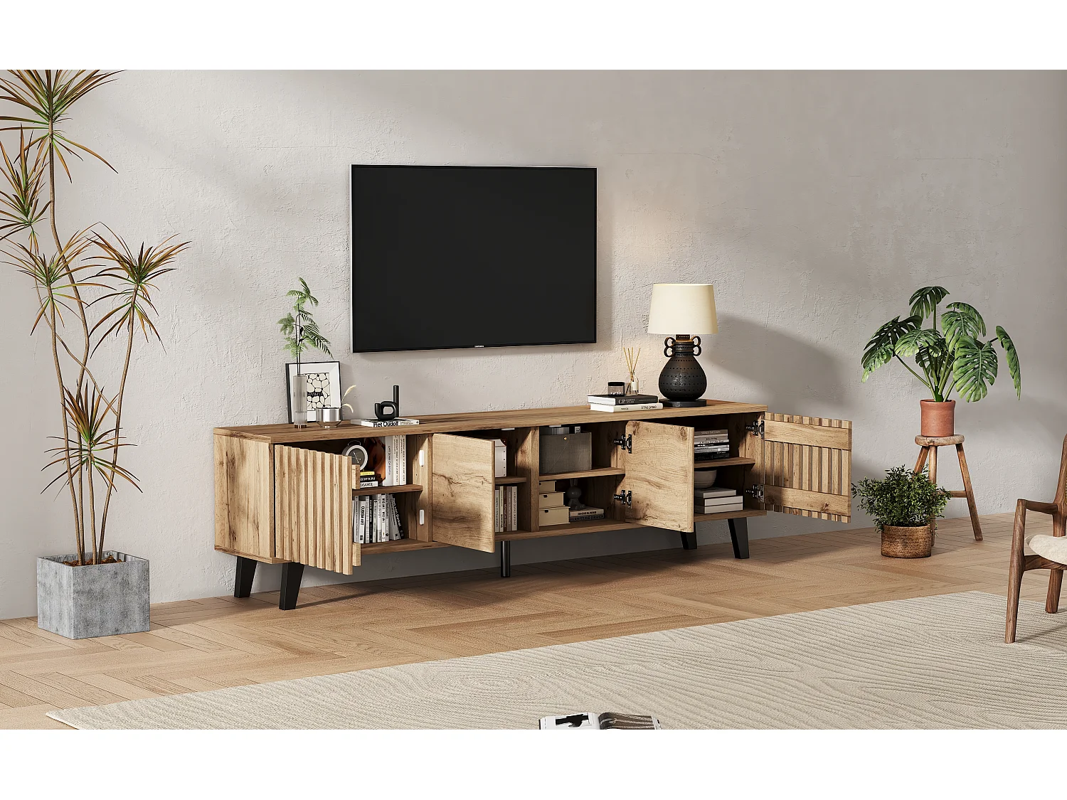 TV Stand 180x40x55cm - with 4 Doors - Scandinavian Style - Natural