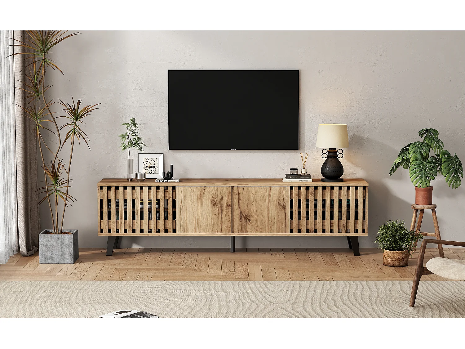 TV Stand 180x40x55cm - with 4 Doors - Scandinavian Style - Natural
