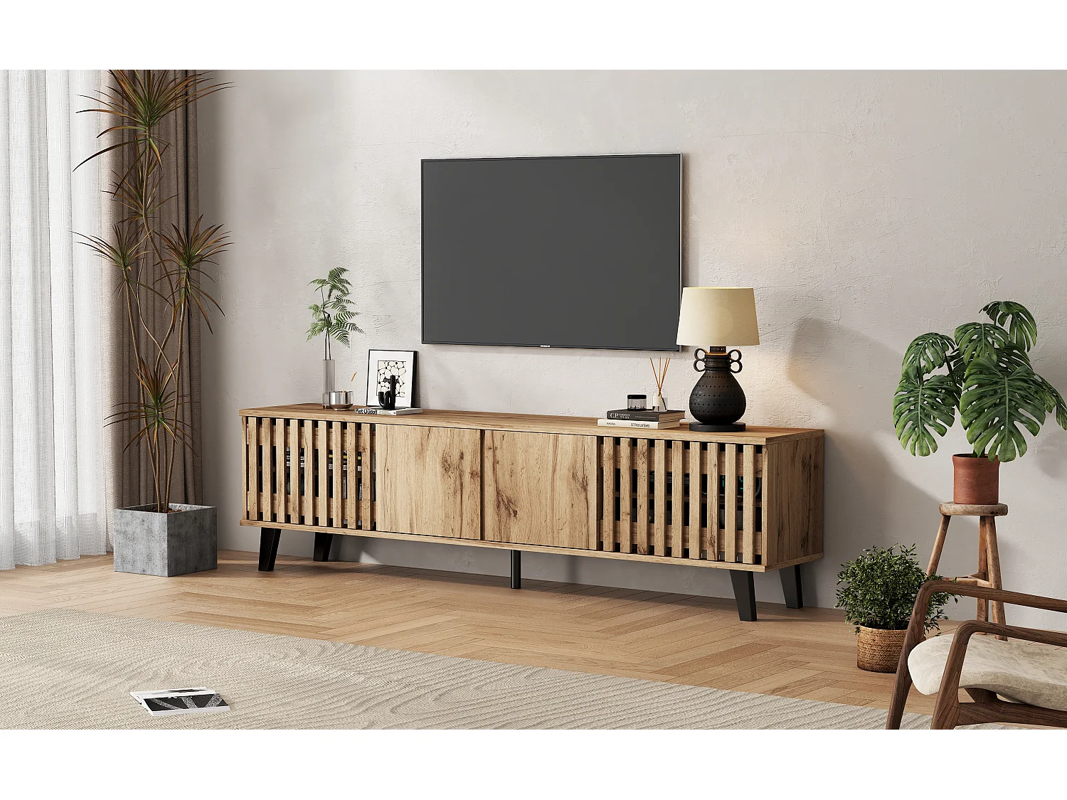 TV Stand 180x40x55cm - with 4 Doors - Scandinavian Style - Natural