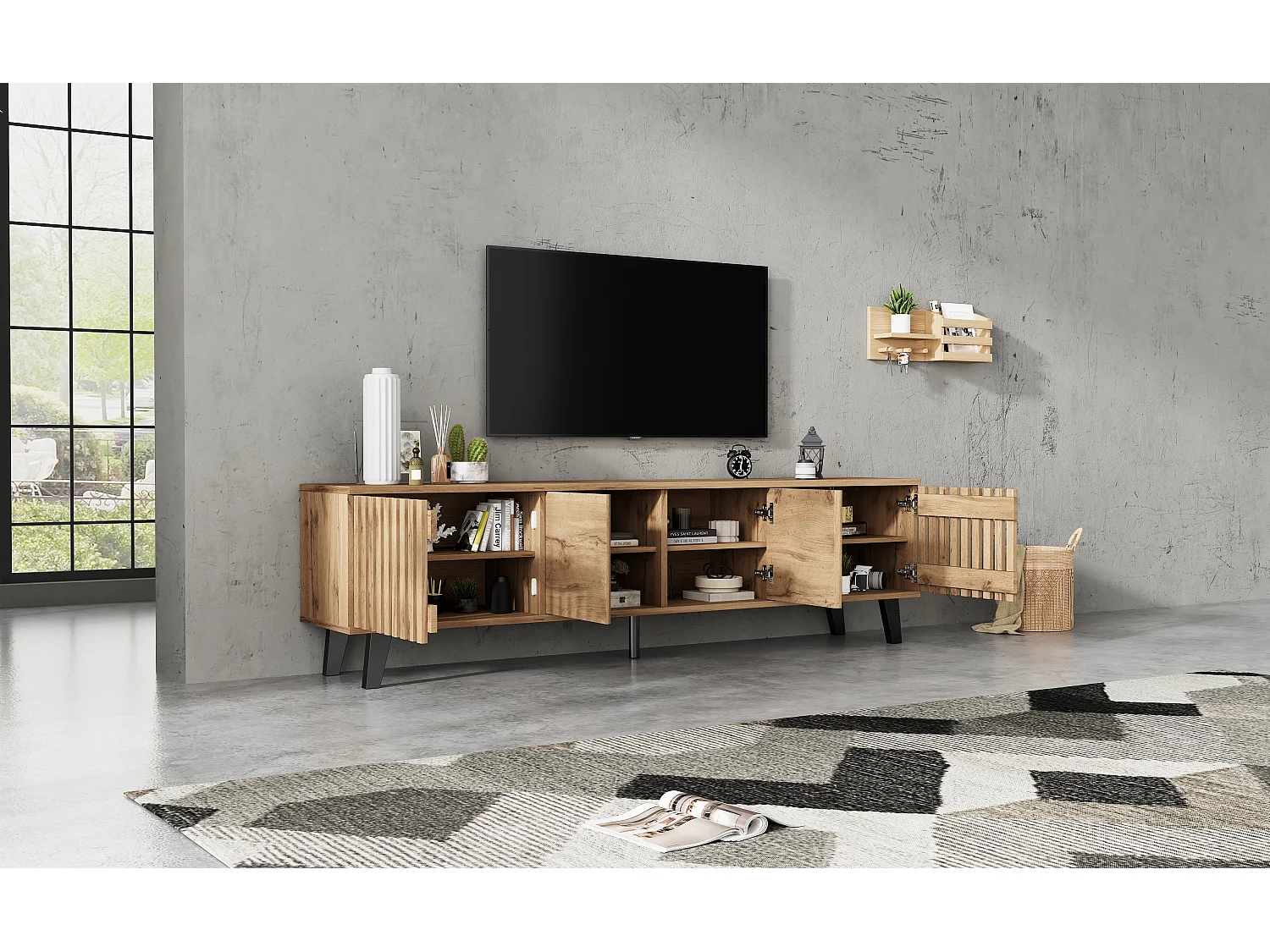 TV Stand 180x40x55cm - with 4 Doors - Scandinavian Style - Natural