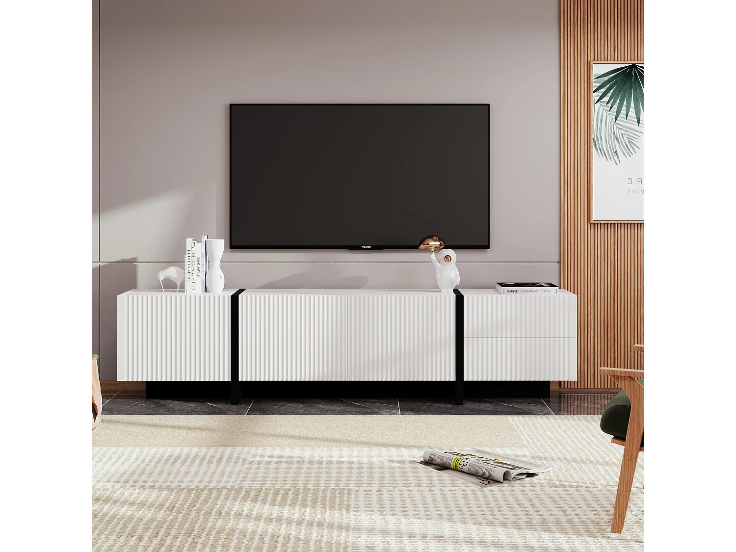 TV Stand W 190cm - 3 Doors, 2 Drawers, 5 Compartments - White & Black