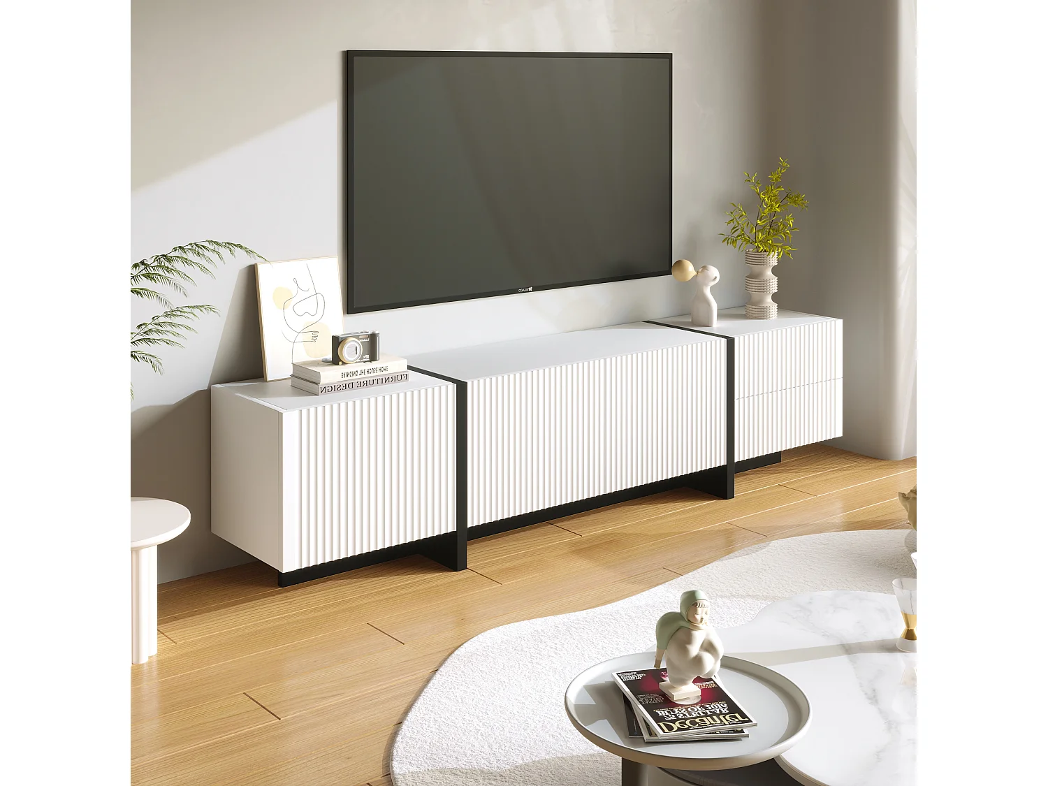 TV Stand W 190cm - 3 Doors, 2 Drawers, 5 Compartments - White & Black