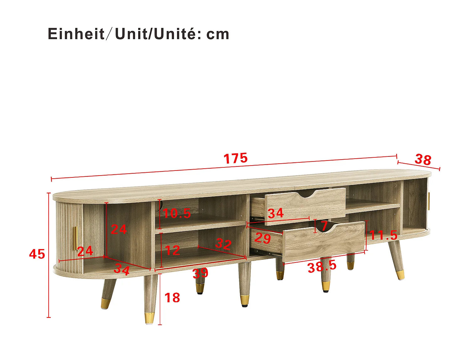 TV Stand 175x38x45 cm - 2 Sliding Rattan Doors - 2 Drawers - Natural
