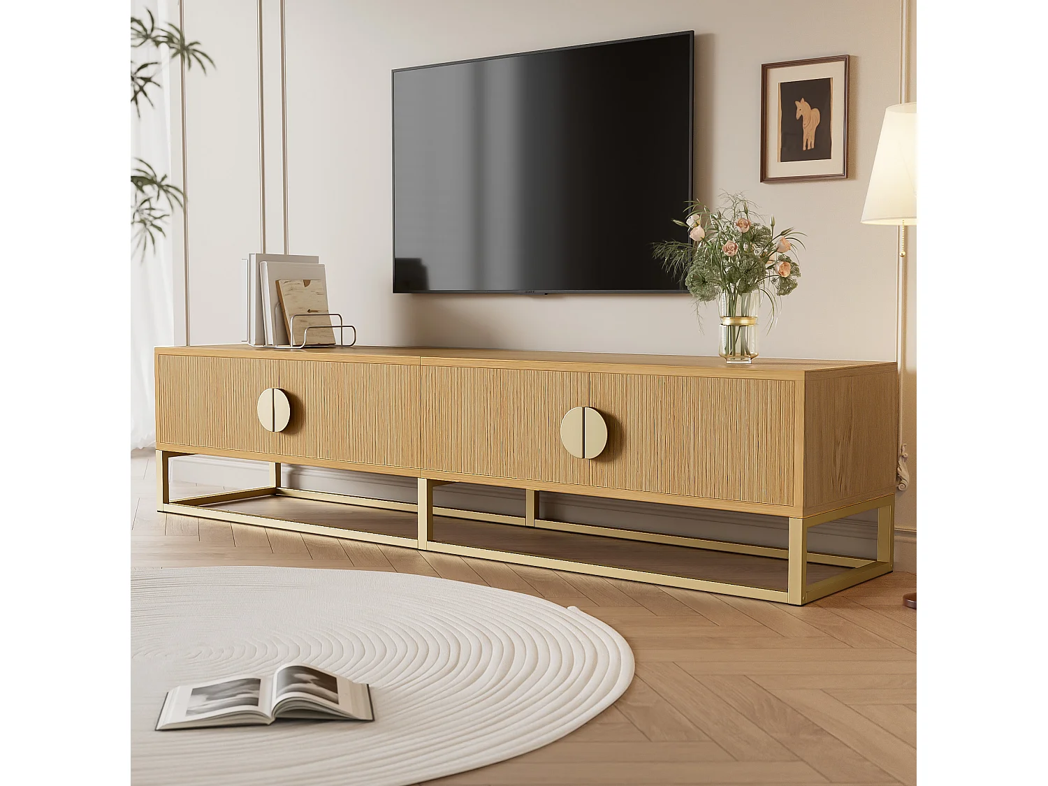 TV Stand 180x40x40 cm - 4 Doors - Particleboard - Natural