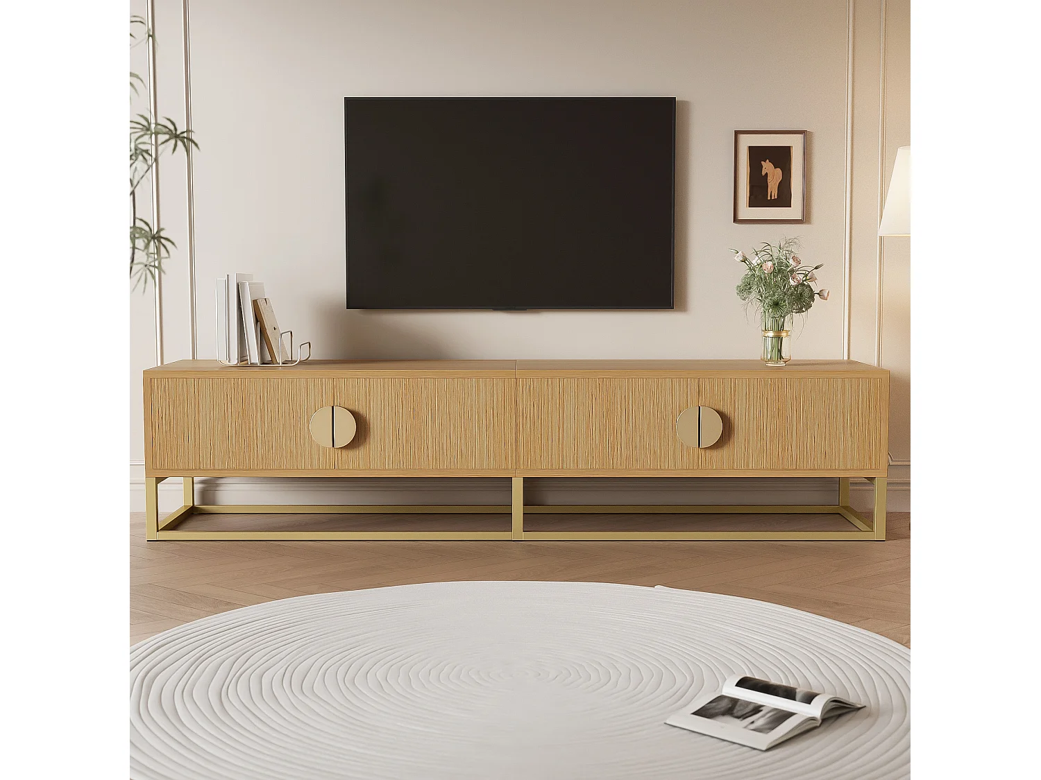 TV Stand 180x40x40 cm - 4 Doors - Particleboard - Natural
