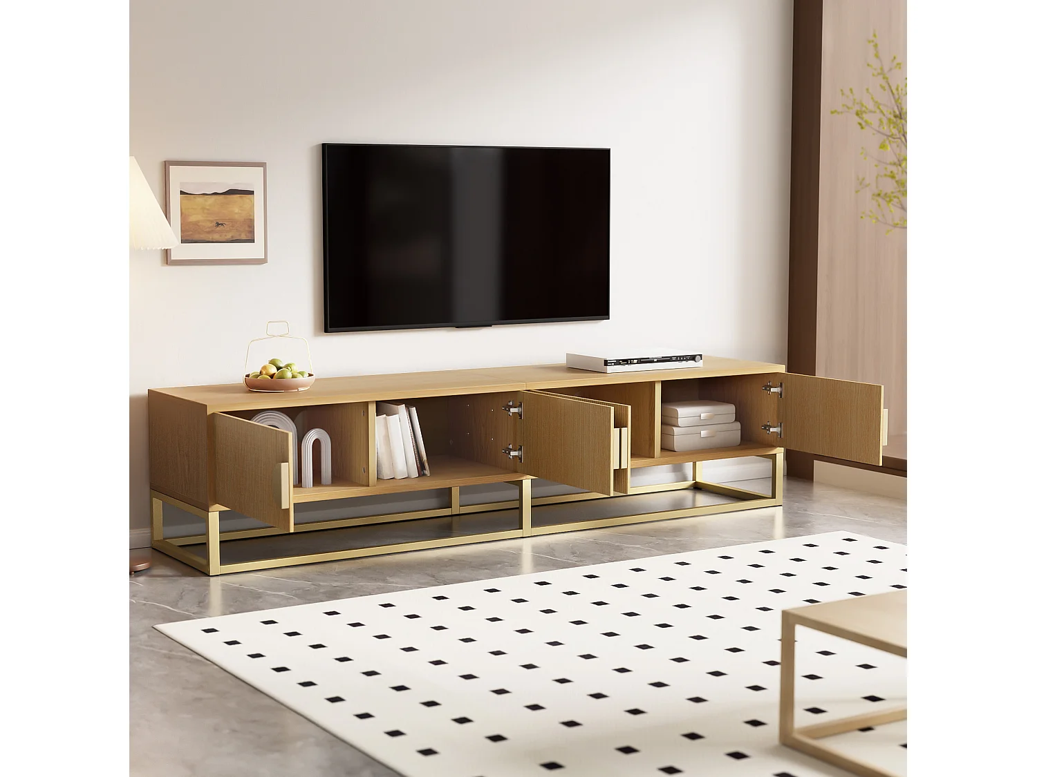 TV Stand 180x40x40 cm - 4 Doors - Particleboard - Natural