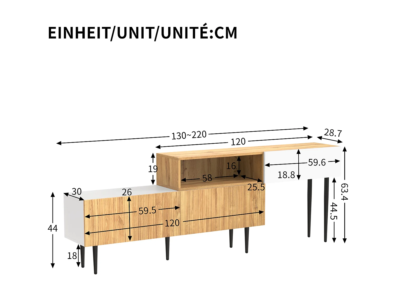 TV stand 220x30x63.4 cm - two-part design - wood effect - White + natural