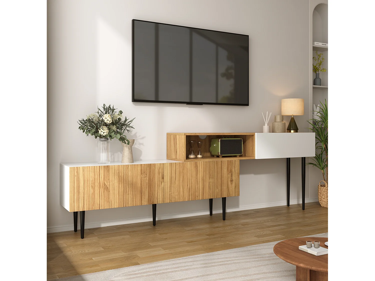 TV stand 220x30x63.4 cm - two-part design - wood effect - White + natural