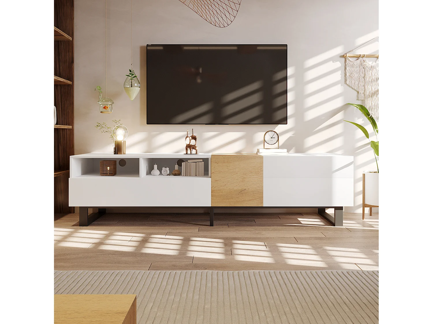 180cm TV Stand - with 2 Drawers and 5 Compartments - MDF - White & Natural