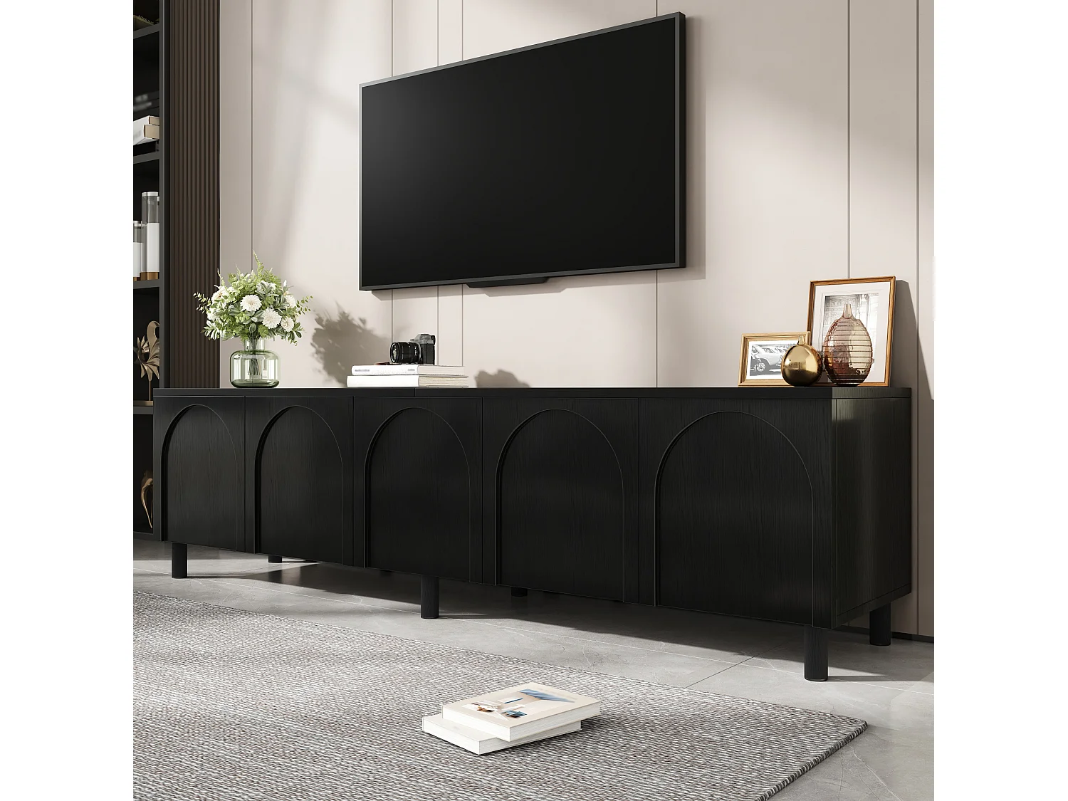 Modernes TV-Lowboard 180 x 38 x 45 cm - 5 Türen - Metallbeine - MDF + Spanplatten - Schwarz