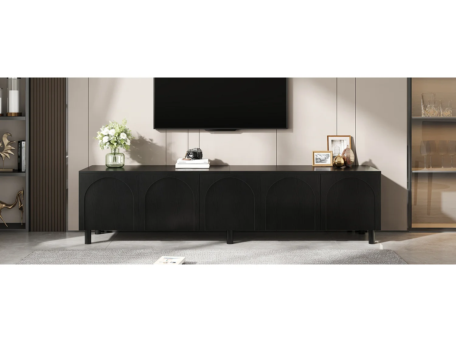 Modernes TV-Lowboard 180 x 38 x 45 cm - 5 Türen - Metallbeine - MDF + Spanplatten - Schwarz