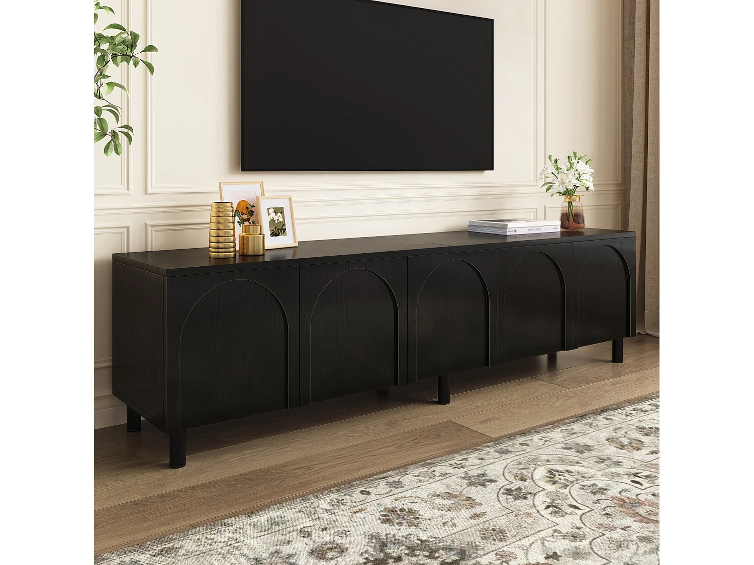 Modernes TV-Lowboard 180 x 38 x 45 cm - 5 Türen - Metallbeine - MDF + Spanplatten - Schwarz