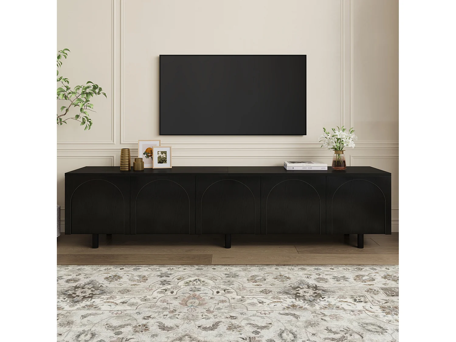 Modernes TV-Lowboard 180 x 38 x 45 cm - 5 Türen - Metallbeine - MDF + Spanplatten - Schwarz