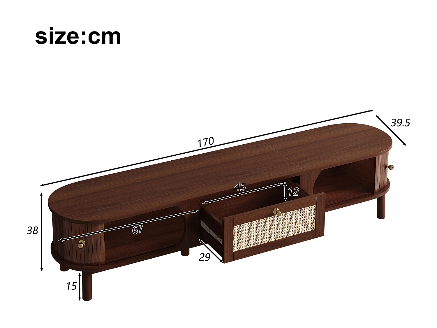 TV stand 170x39.5x38cm - with 1 drawer and 2 sliding doors - striped texture - country style - brown