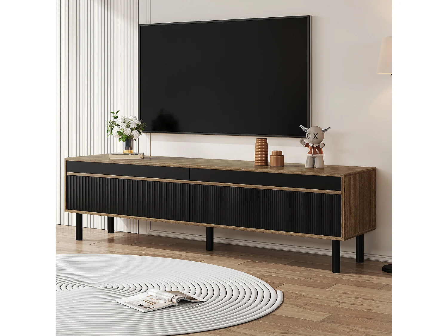 TV Stand 170x38x47.7 cm - 3 Doors - MDF + Particleboard - Natural + Black