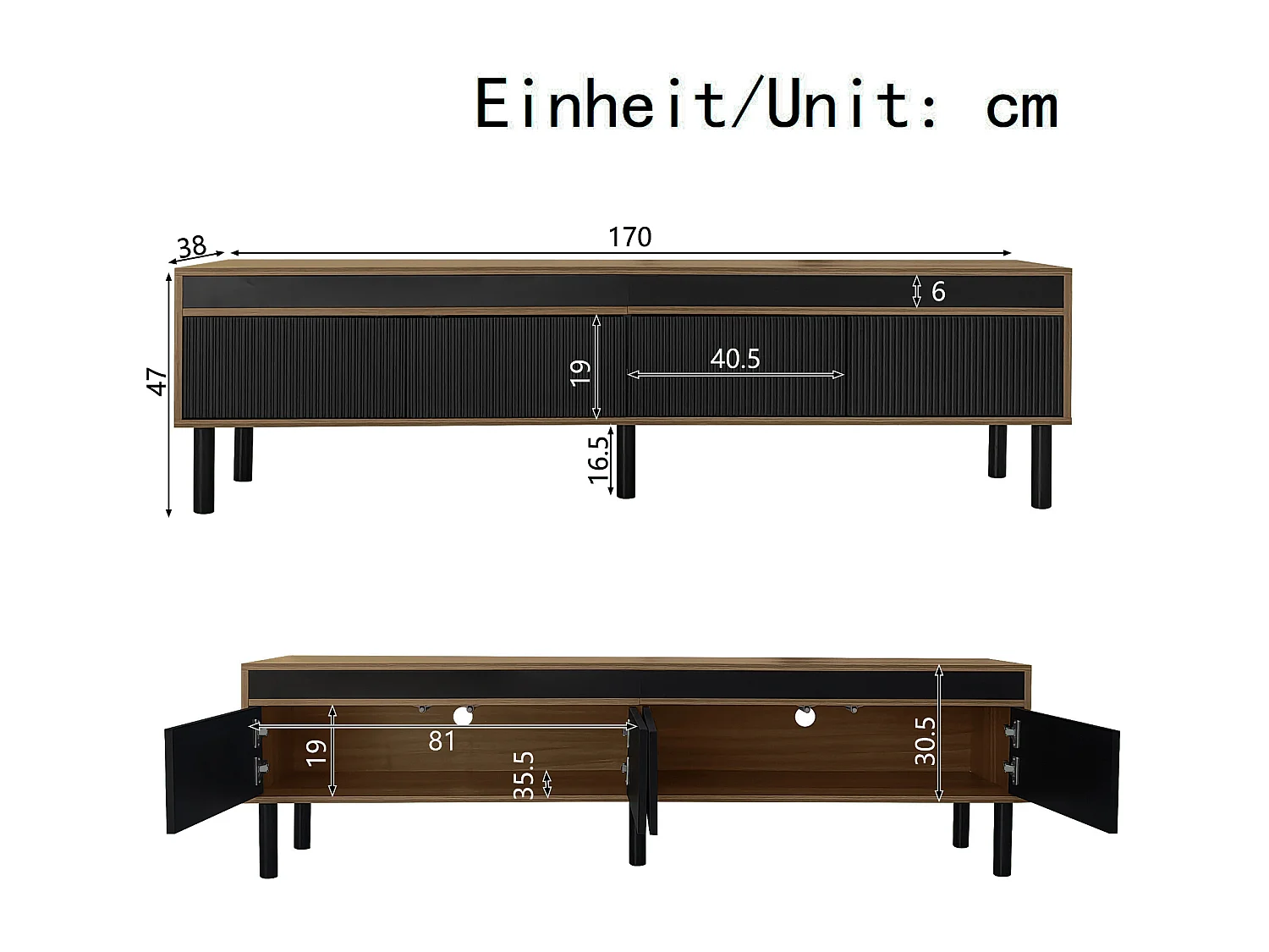 TV Stand 170x38x47.7 cm - 3 Doors - MDF + Particleboard - Natural + Black