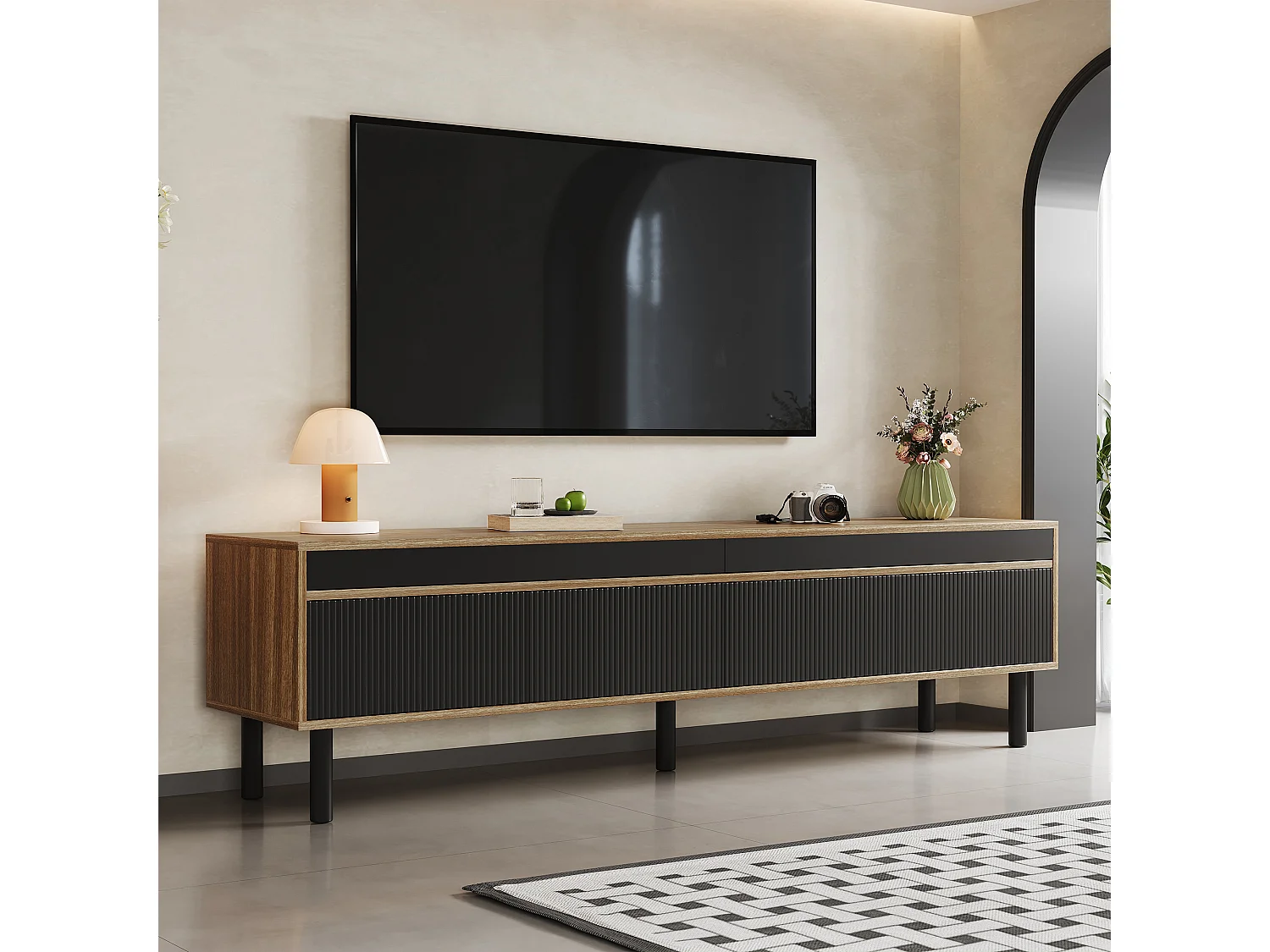 TV Stand 170x38x47.7 cm - 3 Doors - MDF + Particleboard - Natural + Black