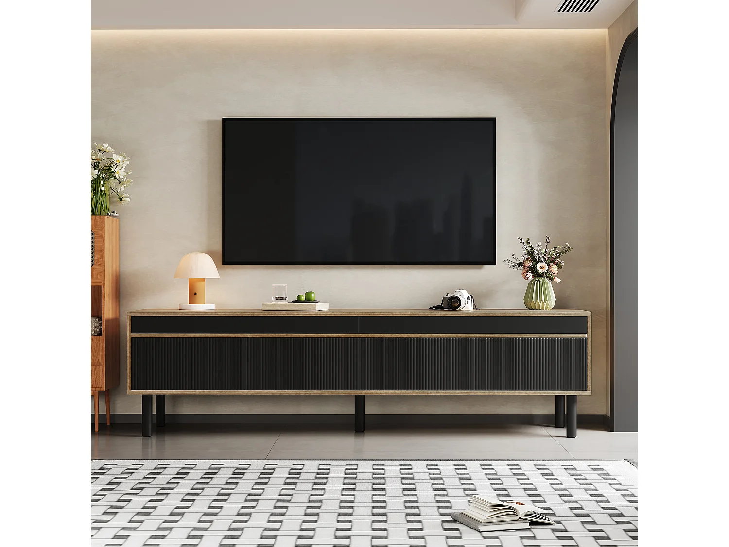 TV Stand 170x38x47.7 cm - 3 Doors - MDF + Particleboard - Natural + Black